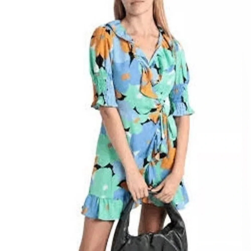 Topshop Blue Floral Print V-Neck Tie Waist Wrap Mini Dress US 12